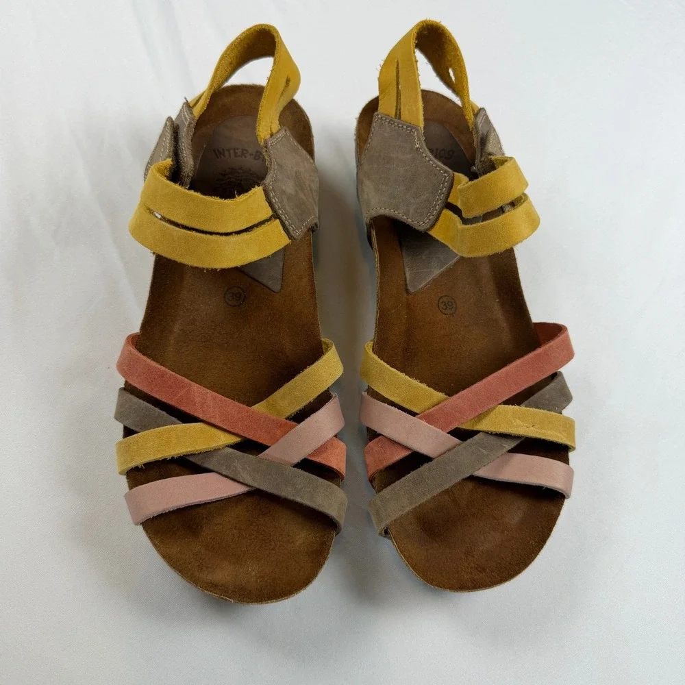 Inter-Bios Spain Multi Color Suede Strappy Cork Wedge Sandals Womens 39
